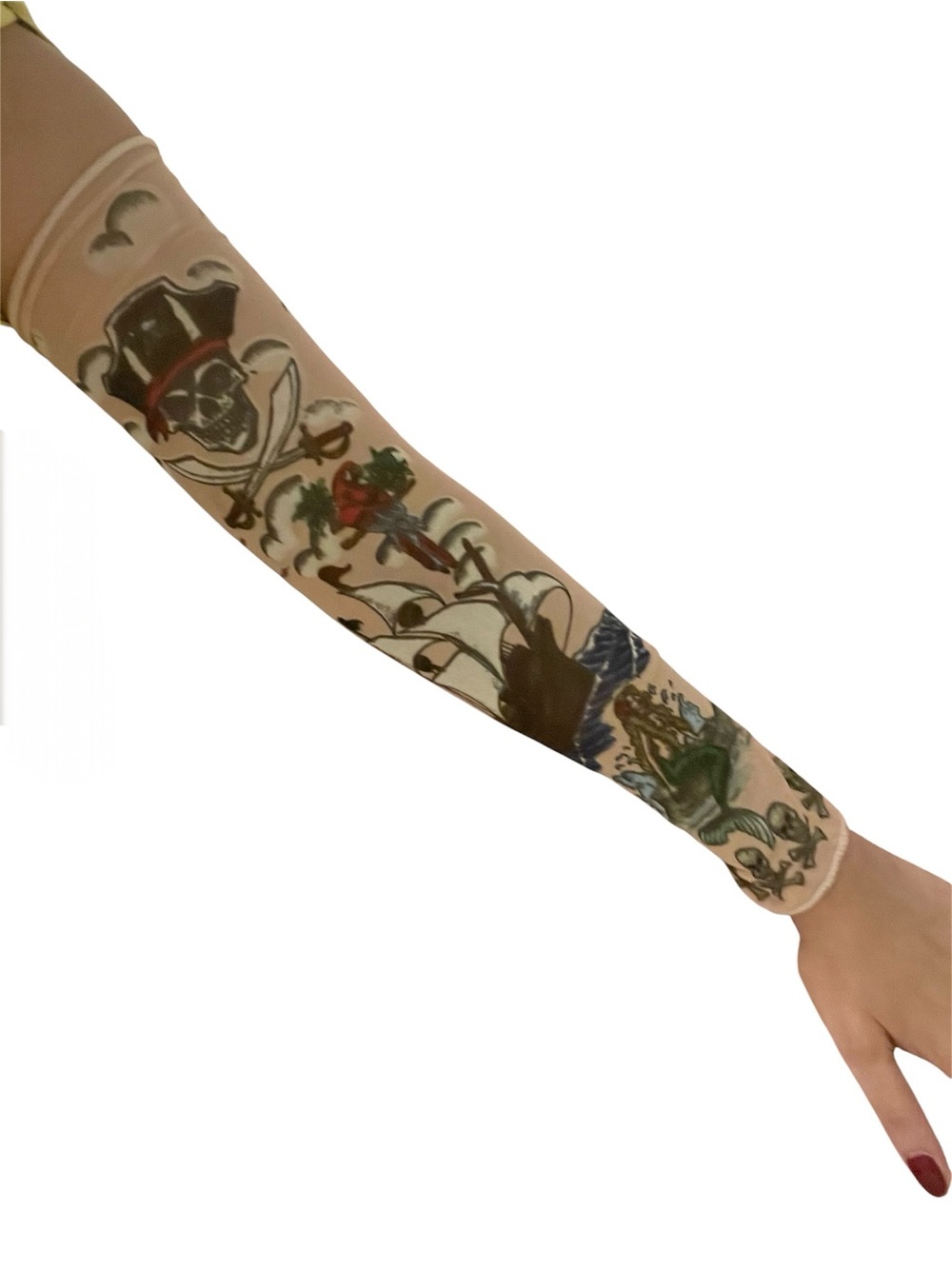 Pair of pirate tattoo arm sleeves with skulls, anchors, pirate ladies & ships